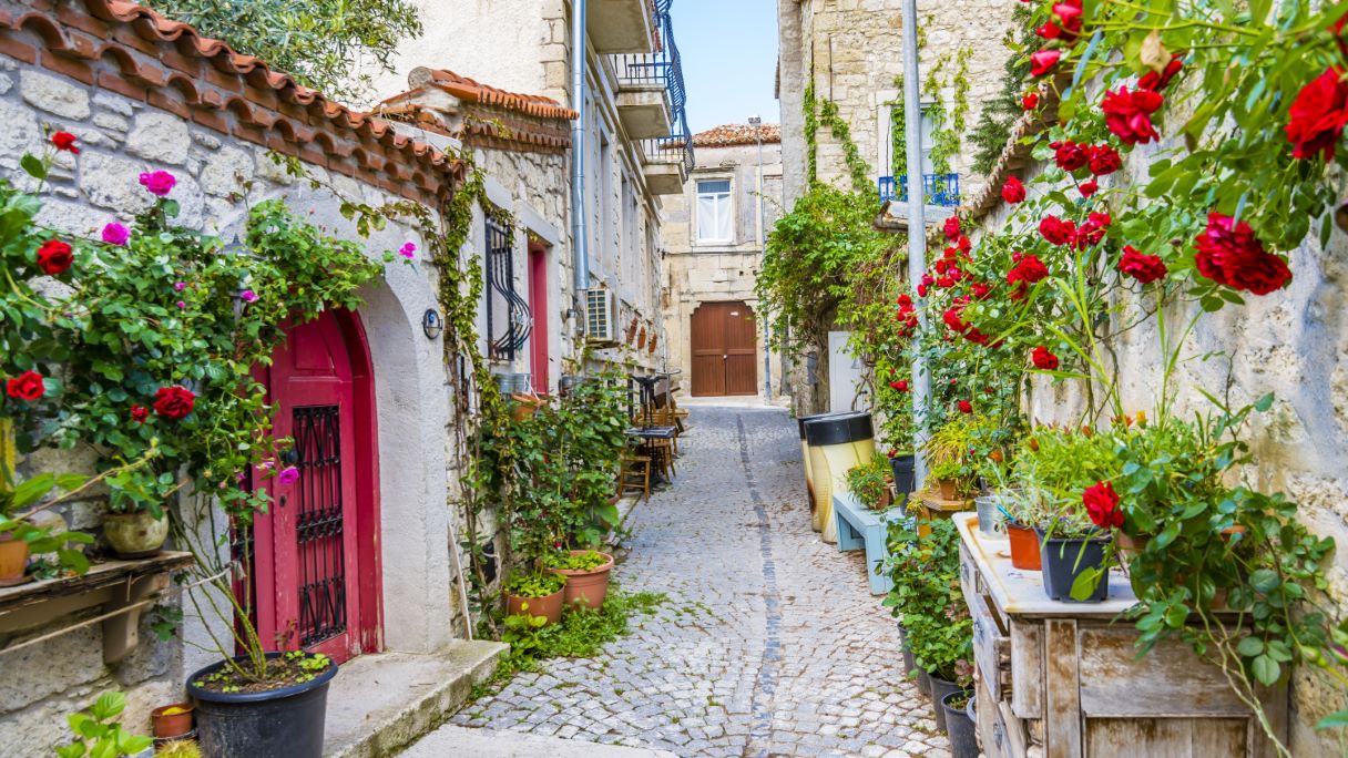Narrow cobblestone street in Alaçatı with stone houses and red roses