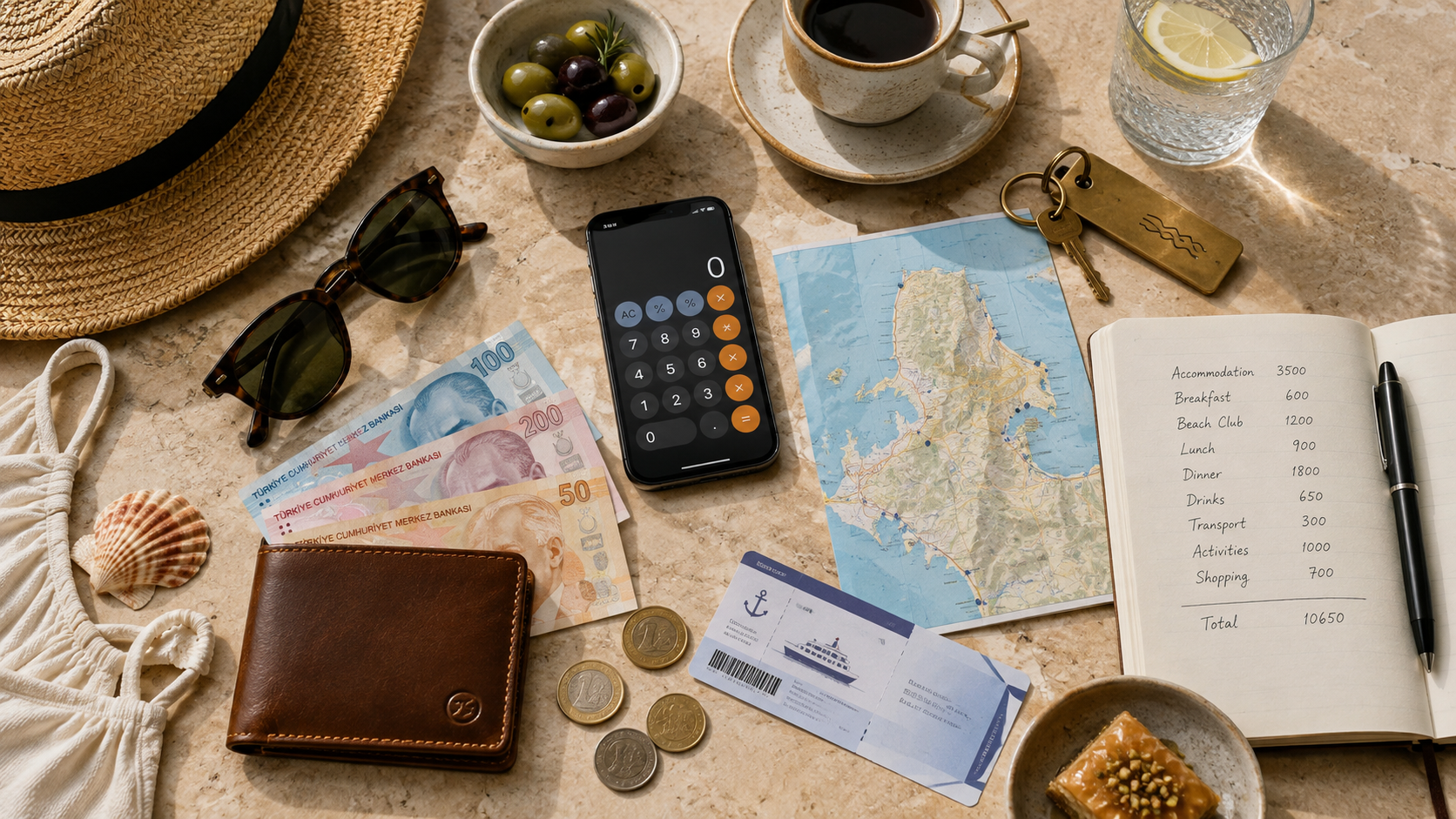 Travel budget in Çeşme with Turkish lira, wallet, coffee and notes at a seaside café